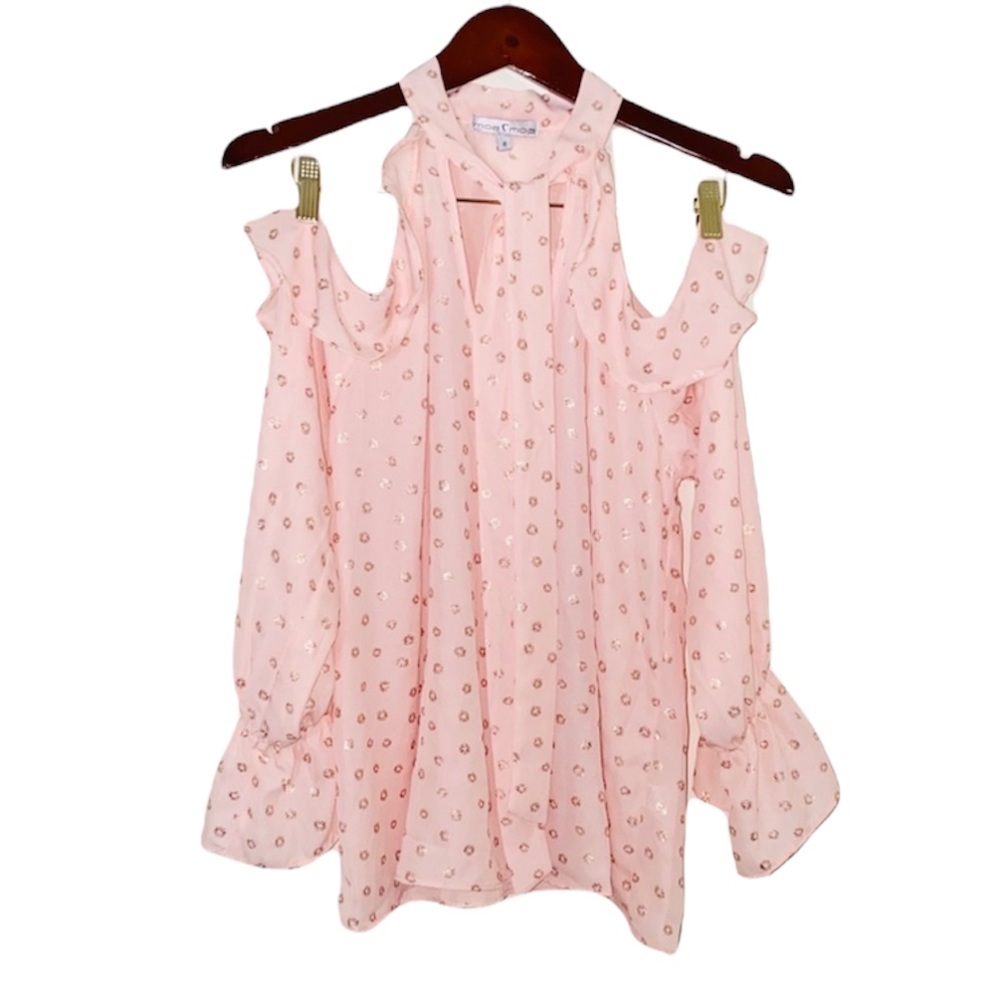New Beautiful Small Peach Rose Gold Shimmer Frilly Long Sleeve Blouse